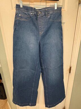 Spanx Wide Leg Blue Jeans High Rise Pull On Stretch Denim Size XL